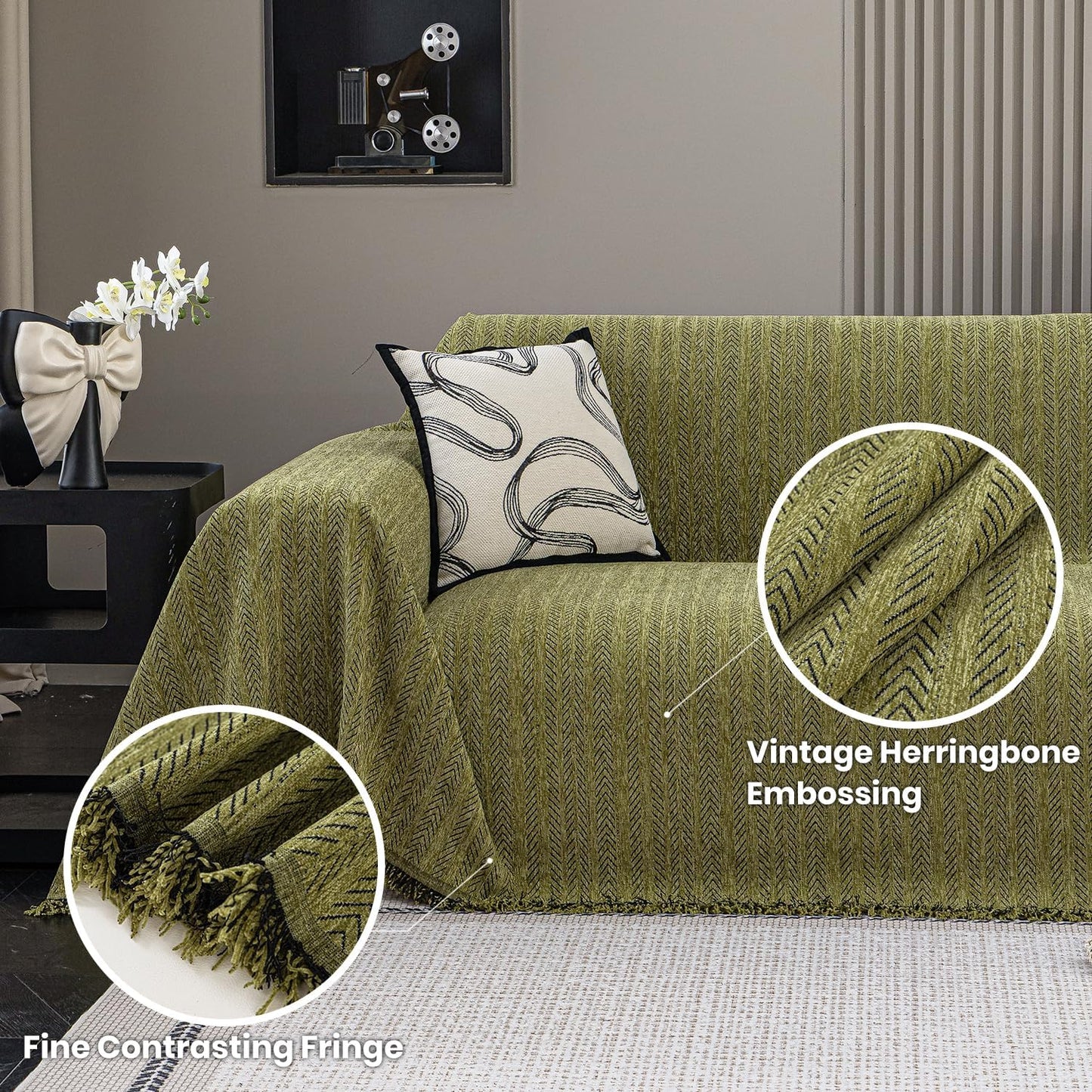 Nobildonna Sofa Cover Washable Soft Thicken Chenille Couch Cover with Tassel,Waterproof Sofa Slipcover for 3-4 Cushion Couch,Sectional Sofa,L-Shaped Furniture Protector Pet-Friendly,Green 91"x150"