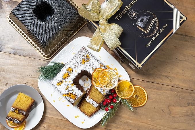 Square Fluted Tube Cake Pan, 10-Cup, Dual-Tone Gold & Black Shimmer Finish, Heavy Die-Cast Aluminum Nonstick Bakeware, 8.5-Inch Decorative Cake Mold, Easy Reales, Gift-Ready Box