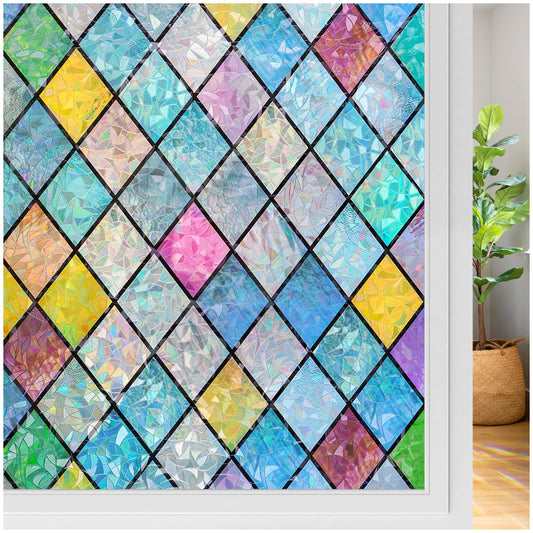 rabbitgoo Stained Glass Window Film Rainbow Film Decorative 3D Privacy Sticker Colorful Lattice Window Decals Cling, Sun Catcher Static Decals for Home 17.5"×118.1"