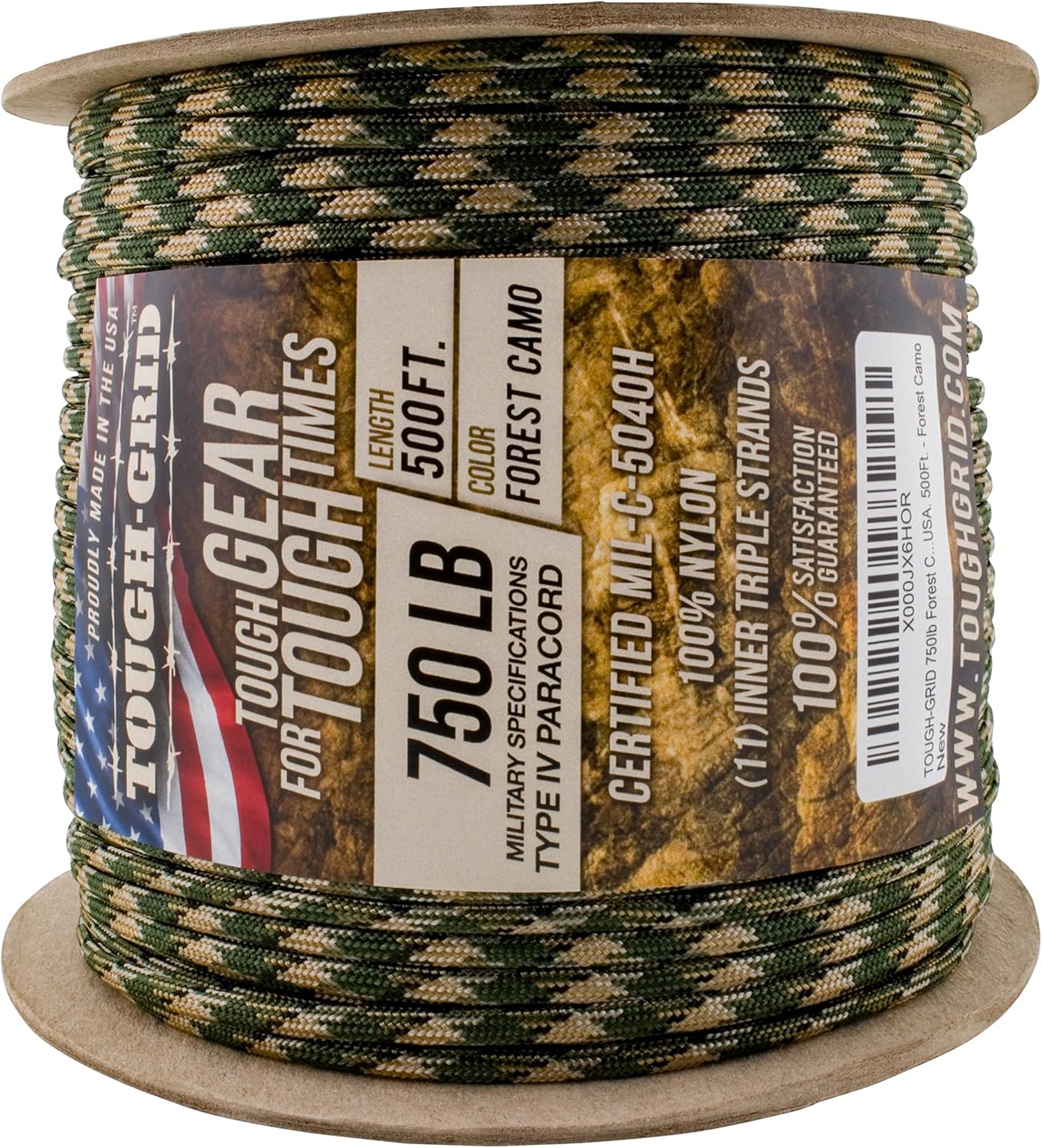 TOUGH-GRID 750 Paracord Rope Nylon Parachute Cord, Made in USA Survival Kit, Outdoor Adventures, Camping, Tactical Gear & Emergency Supplies, Military Type IV Mil-Spec