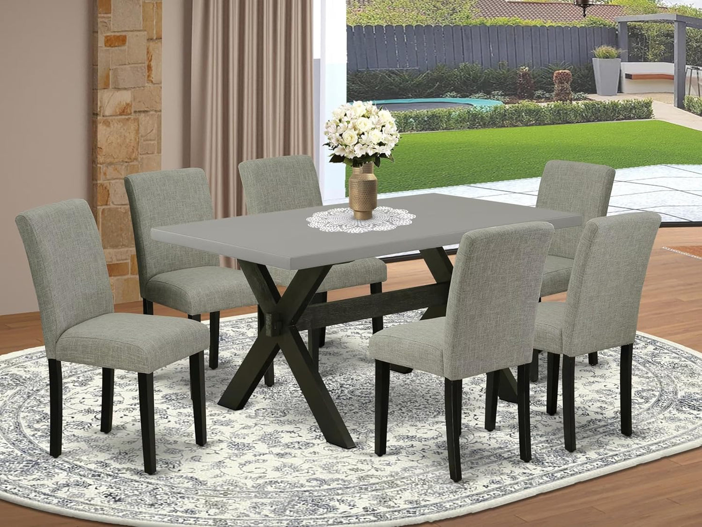 East West Furniture X696AB106-7 7 Piece Modern Dining Table Set Consist of a Rectangle Wooden Table with X-Legs and 6 Shitake Linen Fabric Upholstered Chairs, 36x60 Inch, Multi-Color