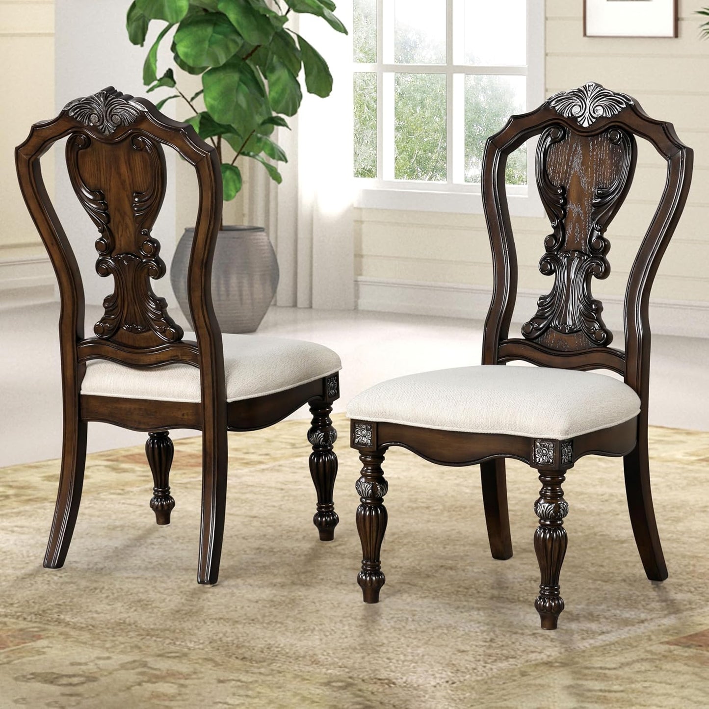 Furniture of America Byrne Traditional Side Chairs Set of 2, Comfortable Upholstered Seating with Ornate Corbels and Decoractive Backrest for Dining Room, Kitchen, and Living Room, Dark Brown