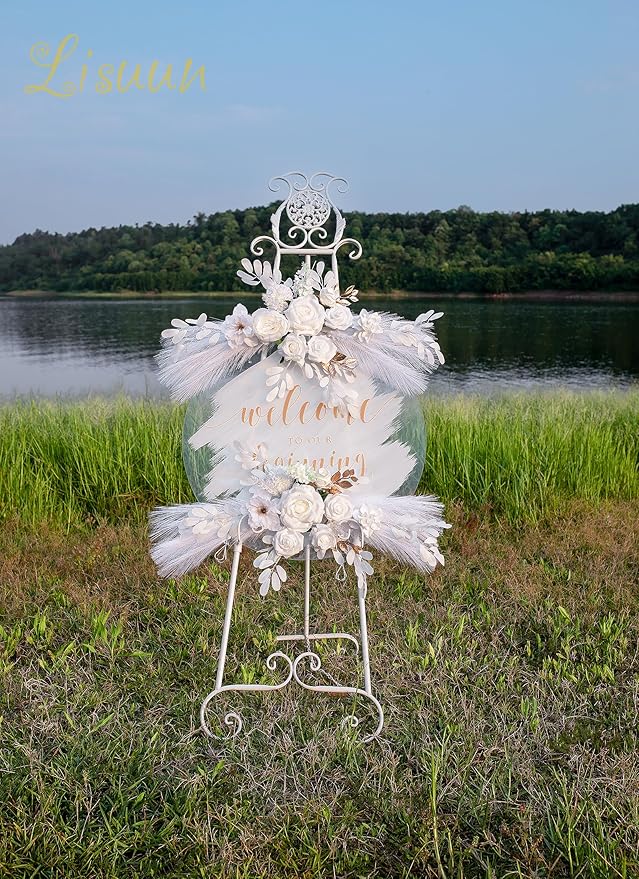 Wedding Arch Flowers, Artificial Floral Decor for Wedding Ceremony & Reception, Standard Size Large Flower Swag Set for Backdrop & Welcome Sign, Pack of 2 (White Pampas)
