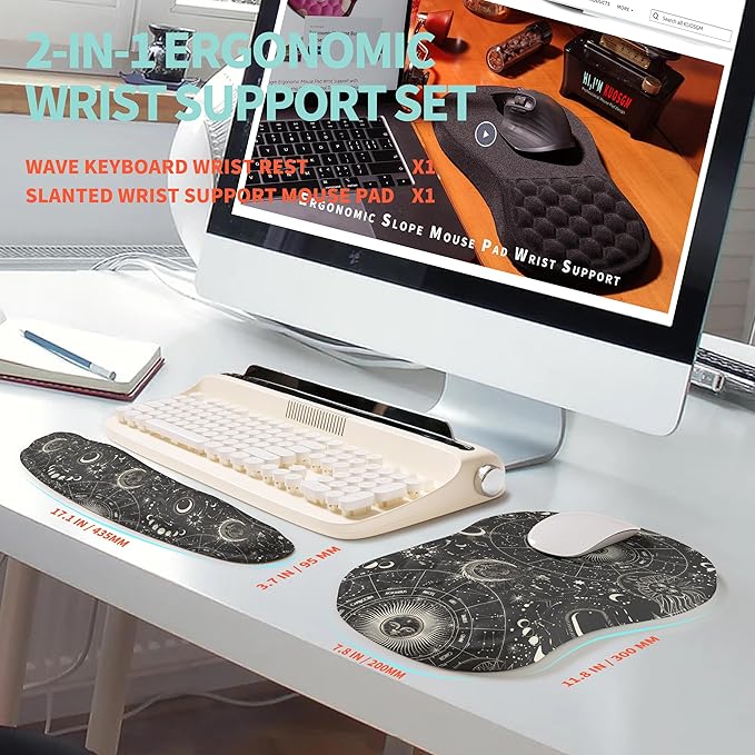 2-in-1 Ergonomic Set, Wave Rise Keyboard Wrist Rest and Massage Bulge Slope Mouse Pad Wrist Support, Cushion Memory Foam Integrated to Relieve Wrist Pain, Constellation
