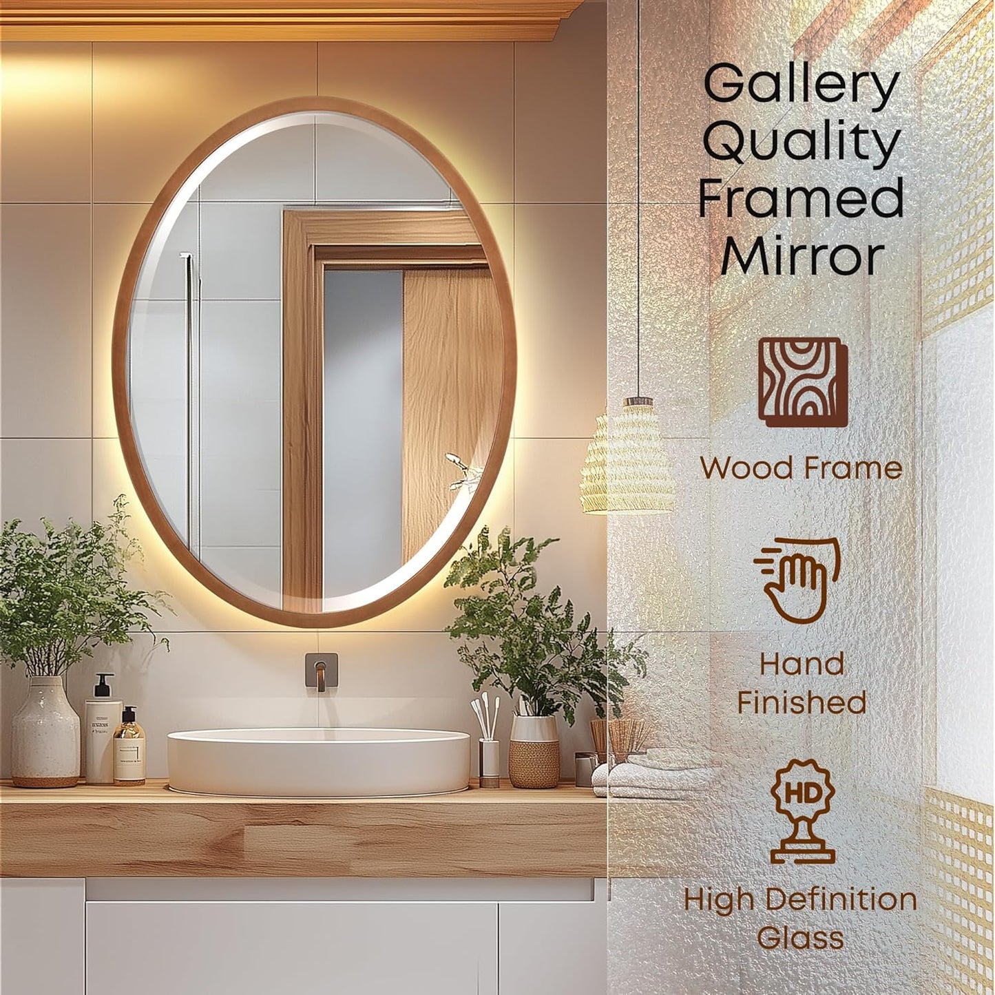 OVALCREST - Oval Wooden Beveled Wall Mirror for Home Decor, Bathroom, Vanity, Bedroom, Living Room, Hallway - London Style (Sunset Gold) 17.1 x 21.1