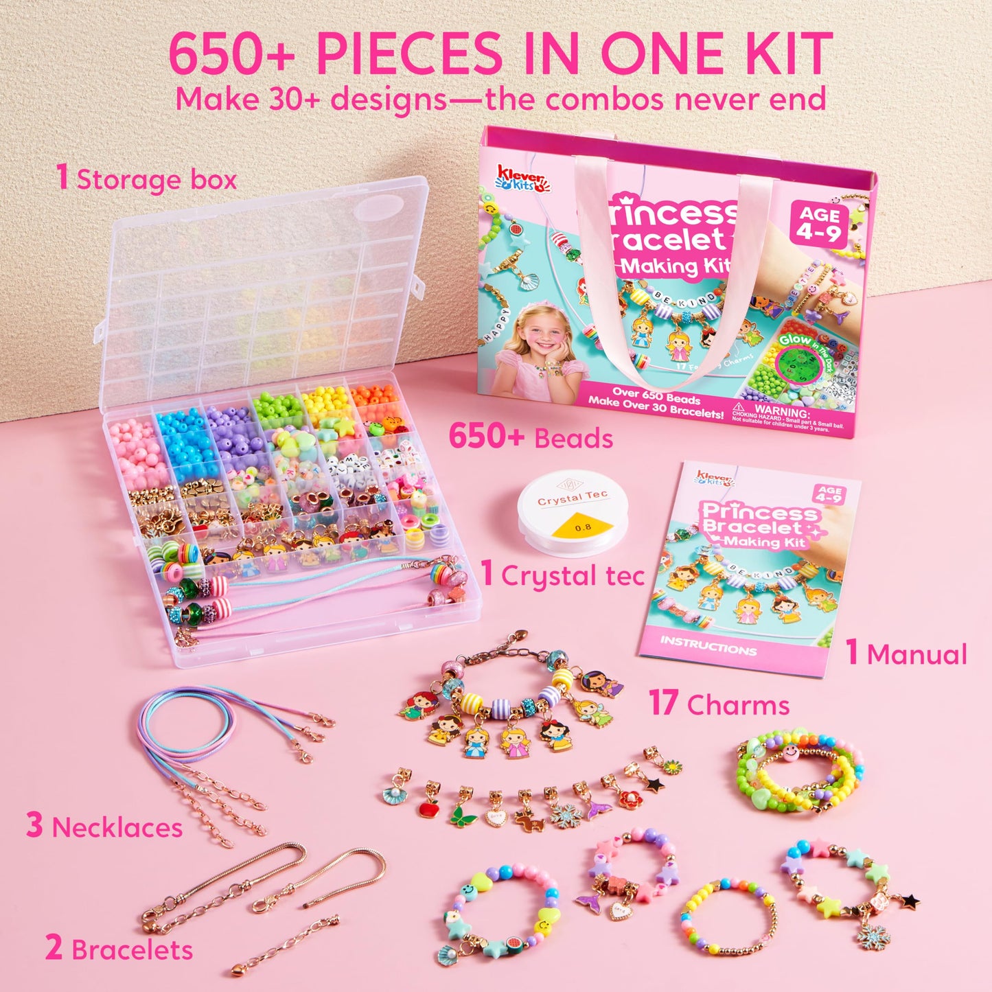 JOVA Klever Kits Princess Bracelet Making Kit, Jewelry Making Kit, Bracelets for Girls, Crafts for Kids, 4 Year Old Girl Birthday Gifts, Over 650 Beads, Make 30+ Designs