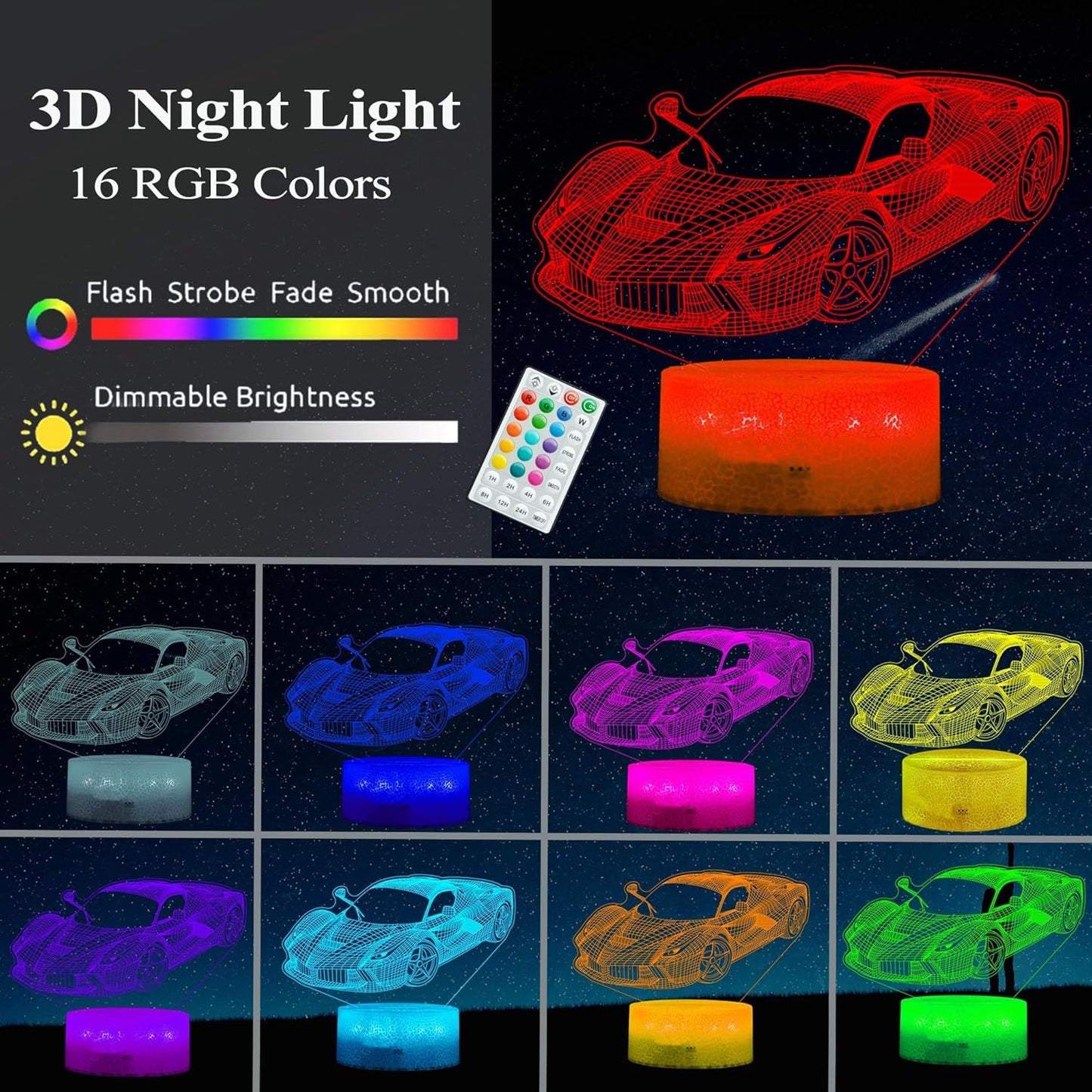 Car Gifts for Men, Racing Vehicle Night Light with Remote Control, 16 Colors Changing, Timer, RGB Flashing Mode and Dimmable, Cool Gifts for Boys Christmas Decor