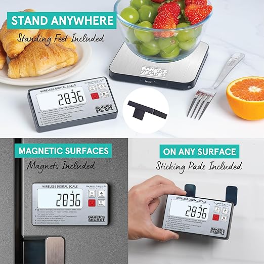 Baker's Secret Kitchen Scale 33lbs Wireless Display, 2X Magnets Support, USB-C Charging Compatible, Magnetic Conversion Chart Included, Extra Accurate and Easy to Use, Silver