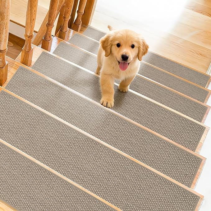 Art3d Stair Treads for Wooden Steps 15Pcs, 8" X 30" Non Slip Stair Runner Rugs with Reusable Adhesive for Elders Kids and Dogs, Machine Washable Peel and Stick Stair Treads Carpet, Beige