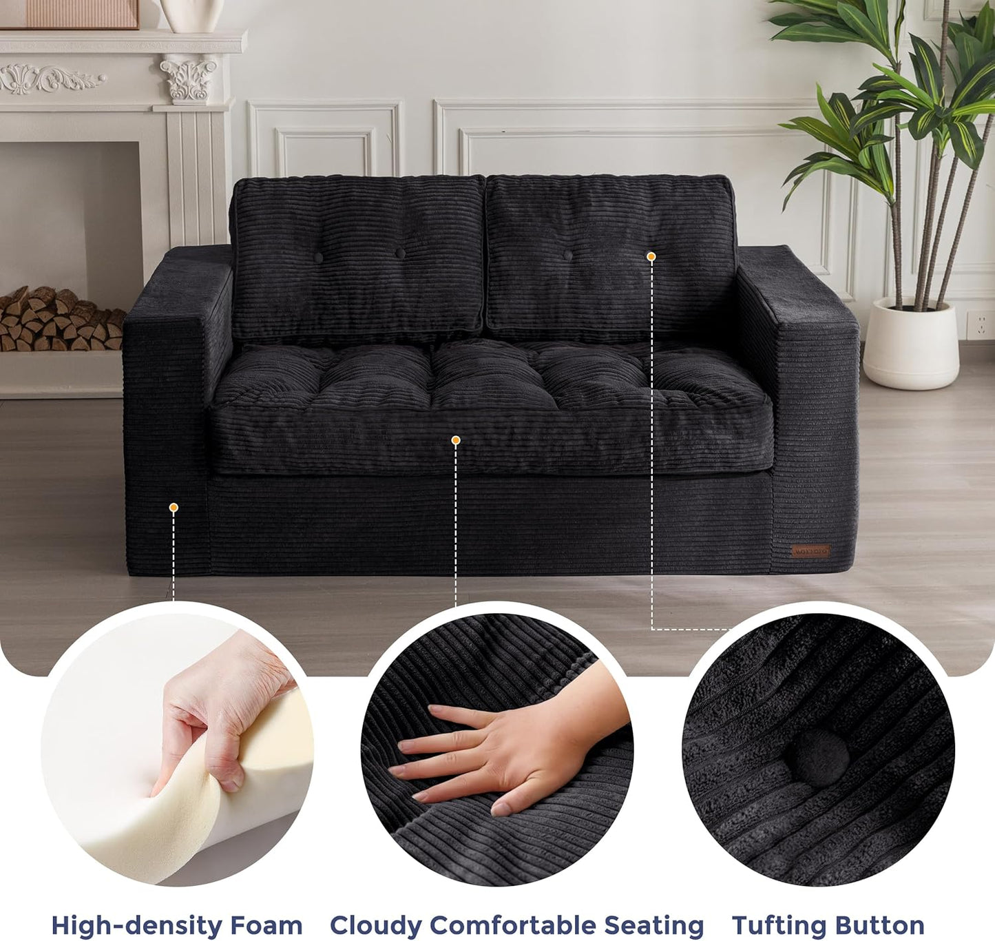 MAXYOYO Bean Bag Chair for Adults, Upholstered Floor Sofa with Armrests, Loveseat Boneless Couch with Tufted Cushion & Backrest, Sofa in A Box, Large Bean Bag Couch for Bedroom Living Room, Black