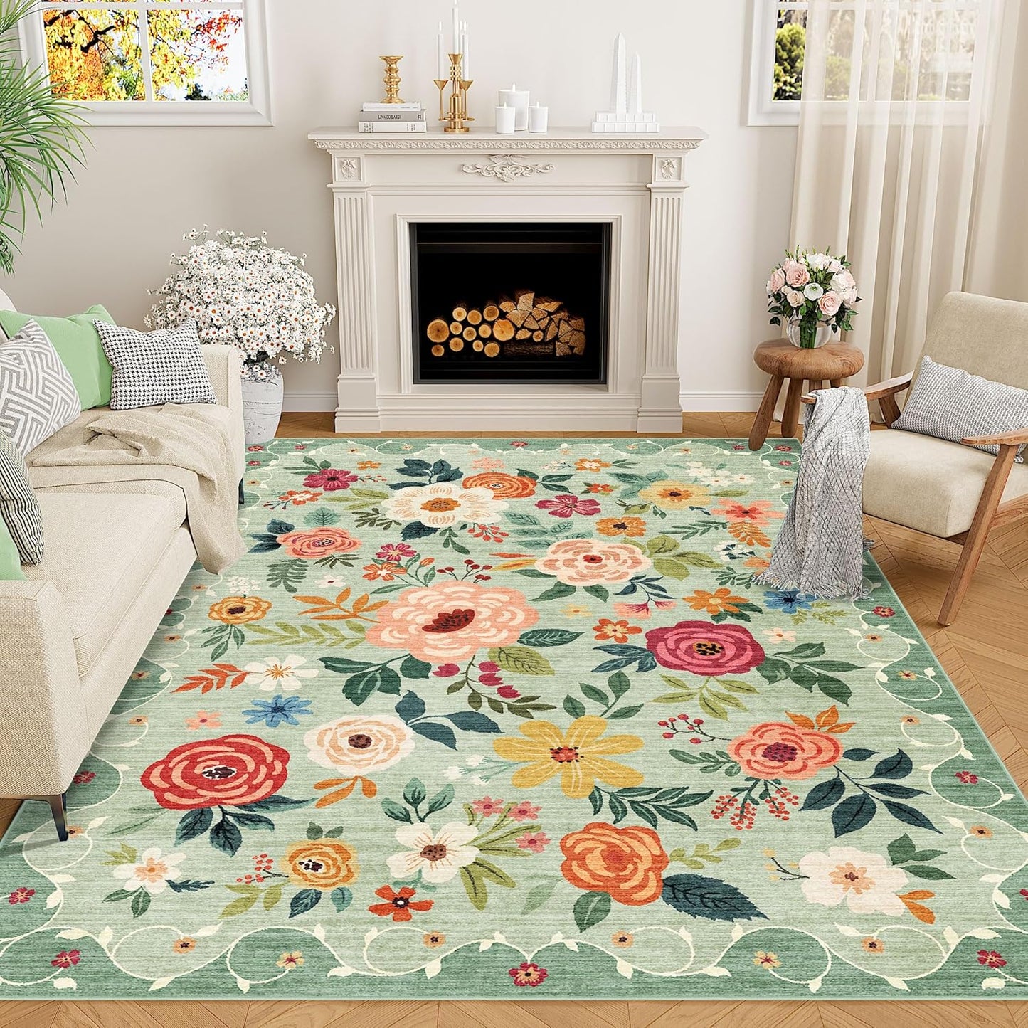 DUKINO 6x9 Area Rug, Floral Rugs for Living Room, Lightweight Non Slip Washable Rug, Indoor Low Pile & Non-Shedding Boho Design Rugs for Bedroom, Living Room, Dining Room, Green