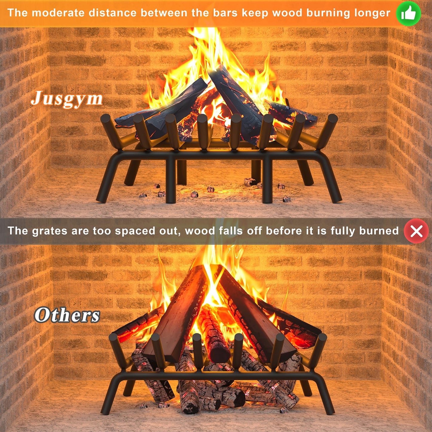 Jusgym Fireplace Grate 24 Inch with 8 Support Legs, Round Solid Steel Heavy Duty Fireplace Log Holder with Fire Tongs & Poker, Fireplace Log Grate for Indoor Fireplace and Outdoor In-ground Firepit