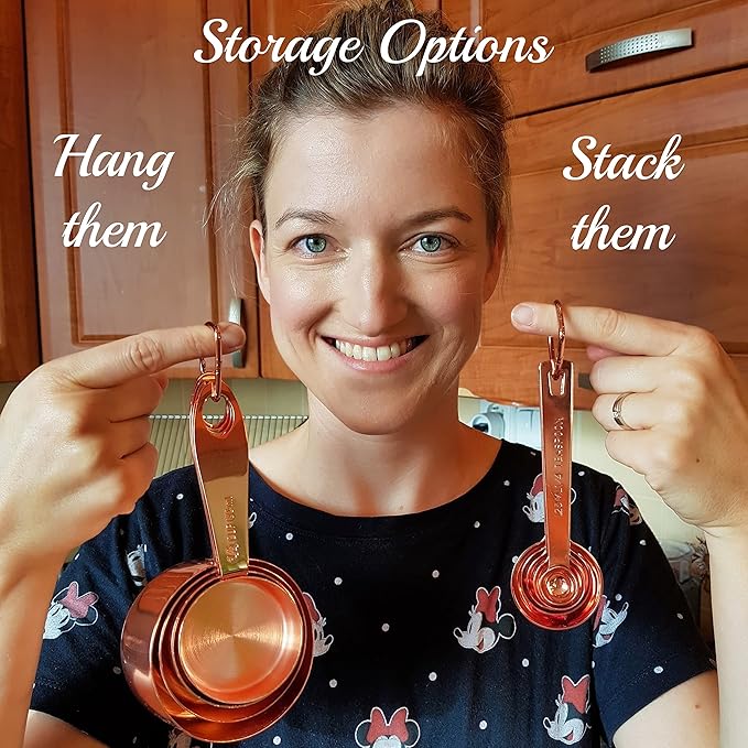 Copper Measuring Cups and Spoons Set of 9 - Premium Gift Packaging + Cooking Conversions Chart. Extra Sturdy Stainless Steel with Copper Finish, Satin and Mirror Polish. Gift Under 25 Dollars.