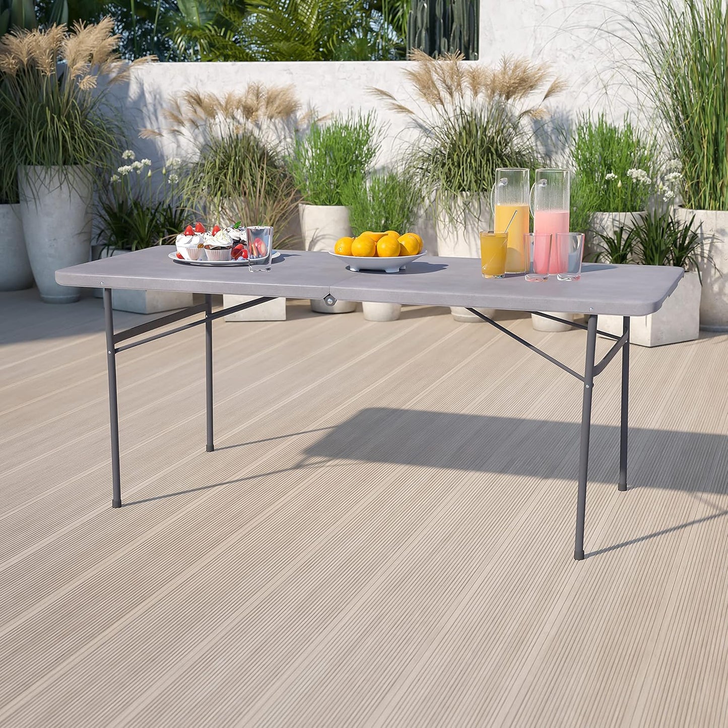 Flash Furniture 6' Rectangular Plastic Folding Event Table with Carrying Handle, Bi-Fold Portable Banquet Table for Indoor/Outdoor Events, Dark Gray