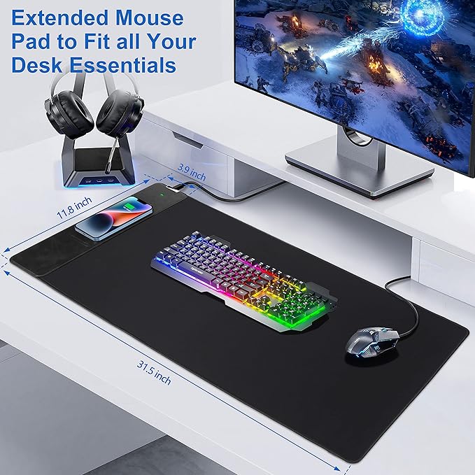 Mouse Pad with Wireless Charging, Gaming Mousepad, 31.5"x15.7" Extra Large Desk Mat XXL, Non-Slip Rubber Base, Waterproof Computer Keyboard Pad for Gaming, Home, Office, Black Desk Pad