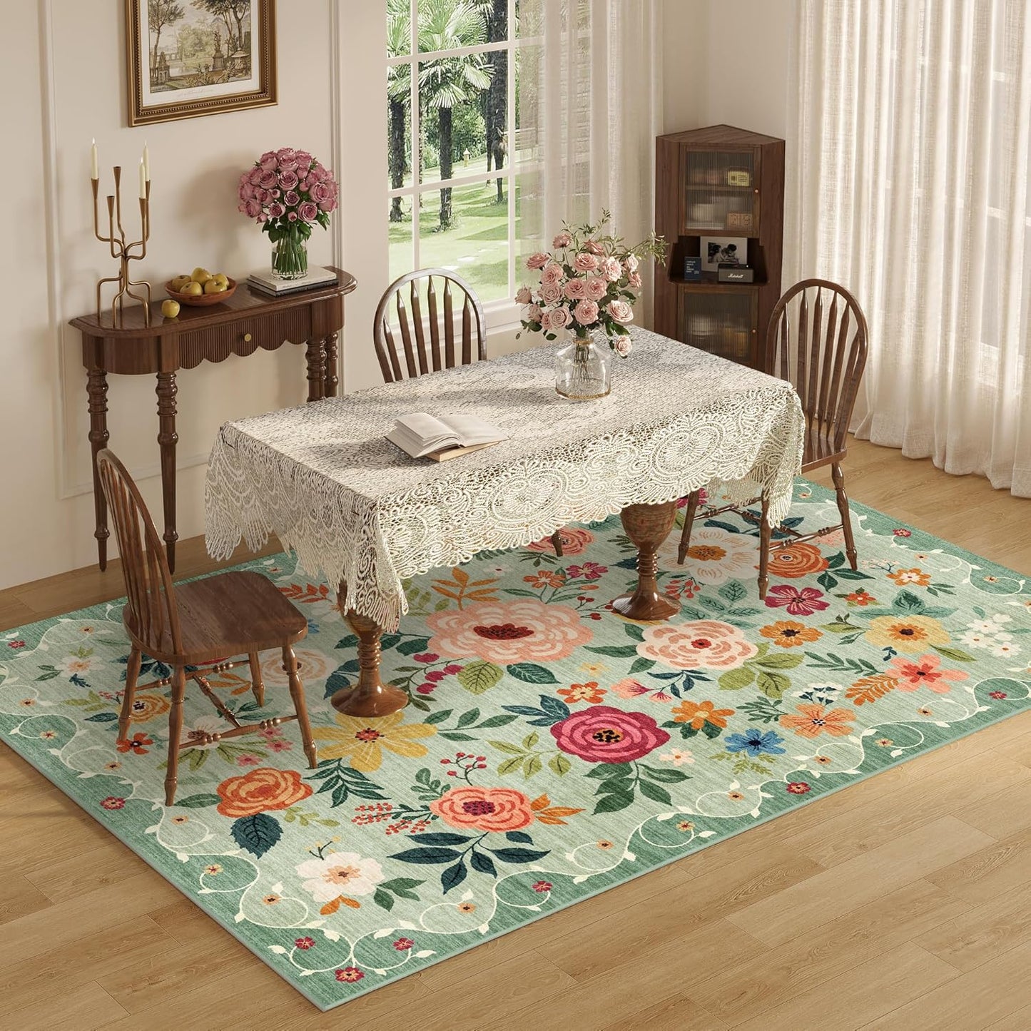 DUKINO 8x10 Area Rug, Floral Rugs for Living Room, Lightweight Non Slip Washable Rug, Indoor Low Pile & Non-Shedding Boho Design Rugs for Bedroom, Living Room, Dining Room, Green