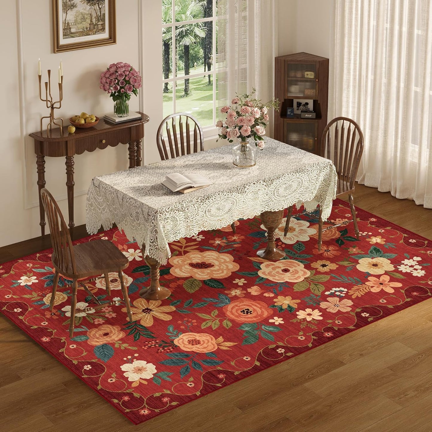 DUKINO 5x7 Area Rug, Floral Rugs for Living Room, Lightweight Non Slip Washable Rug, Indoor Low Pile & Non-Shedding Boho Design Rugs for Bedroom, Living Room, Dining Room, Red