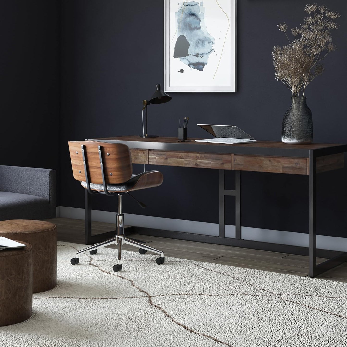 SIMPLIHOME Erina Large Desk - 72-Inch Wide Solid Acacia Wood and Metal Writing Desk in Rustic Natural Aged Brown, Modern Industrial Home Office Computer Table with Drawers and Flip-Down Keyboard Tray