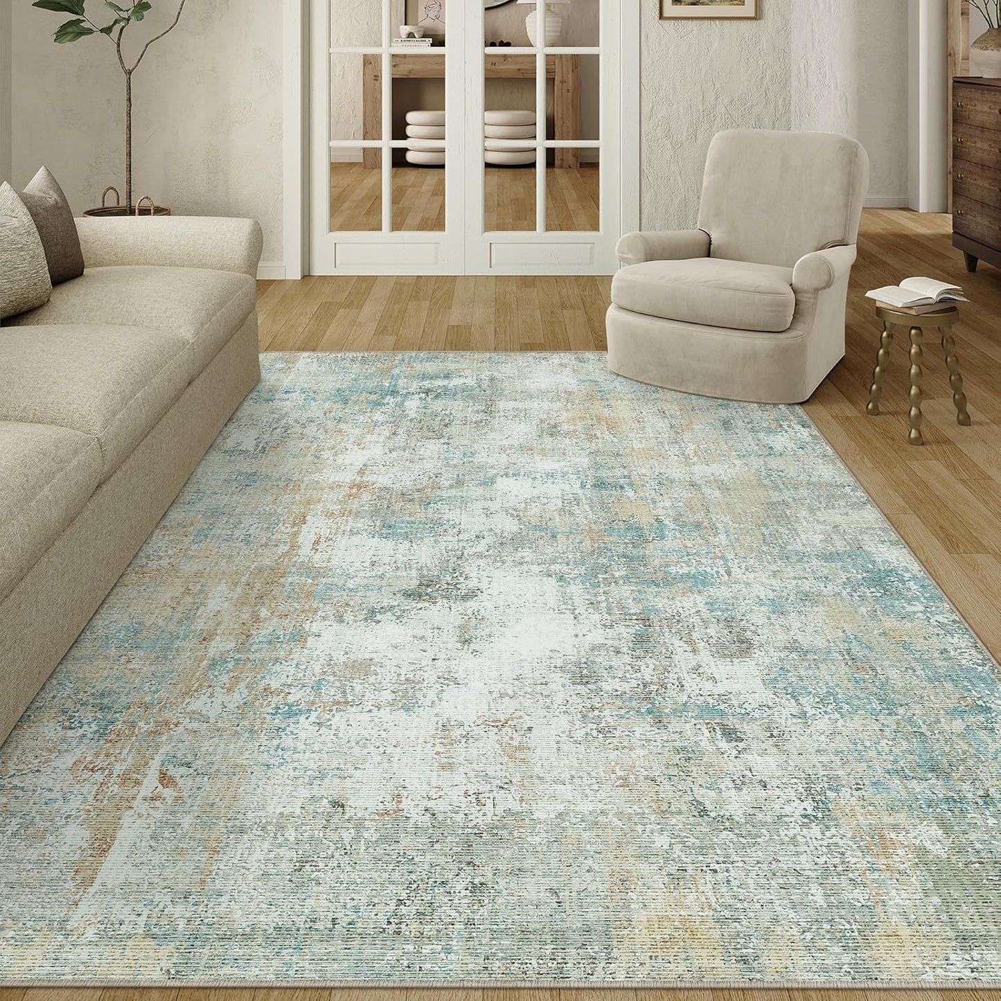 6x9 Washable Area Rug Teal Beige Modern Neutral Abstract Living Room Bedroom Indoor Floor Carpet Low Pile Soft Non-Slip Lightweight Vacuumable Throw Rug for Nursery Dining Room Office