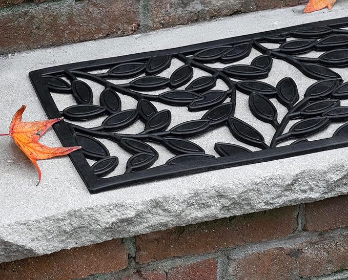 Set of 4 Rubber Stair Tread Mats 30 x 10 Inch Anti-Slip Outdoor Rug, Black – Leaf Pattern
