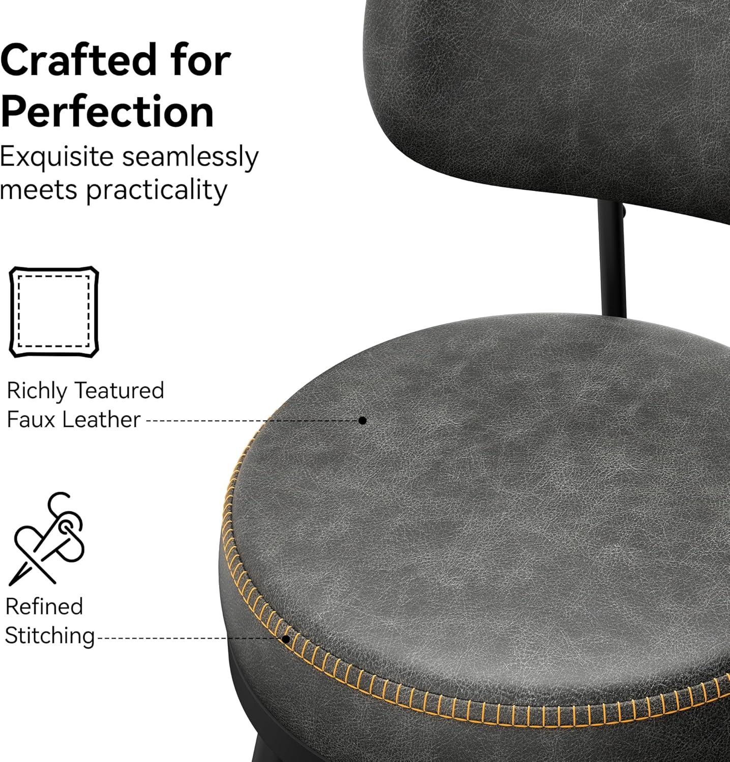 Counter Height Bar Stools, 26" H Swivel Barstools Set of 4, Faux Leather Kitchen Counter Stools with Back and Stylish Stitching, Metal Frame, Pub, Home Bar, Black Grey