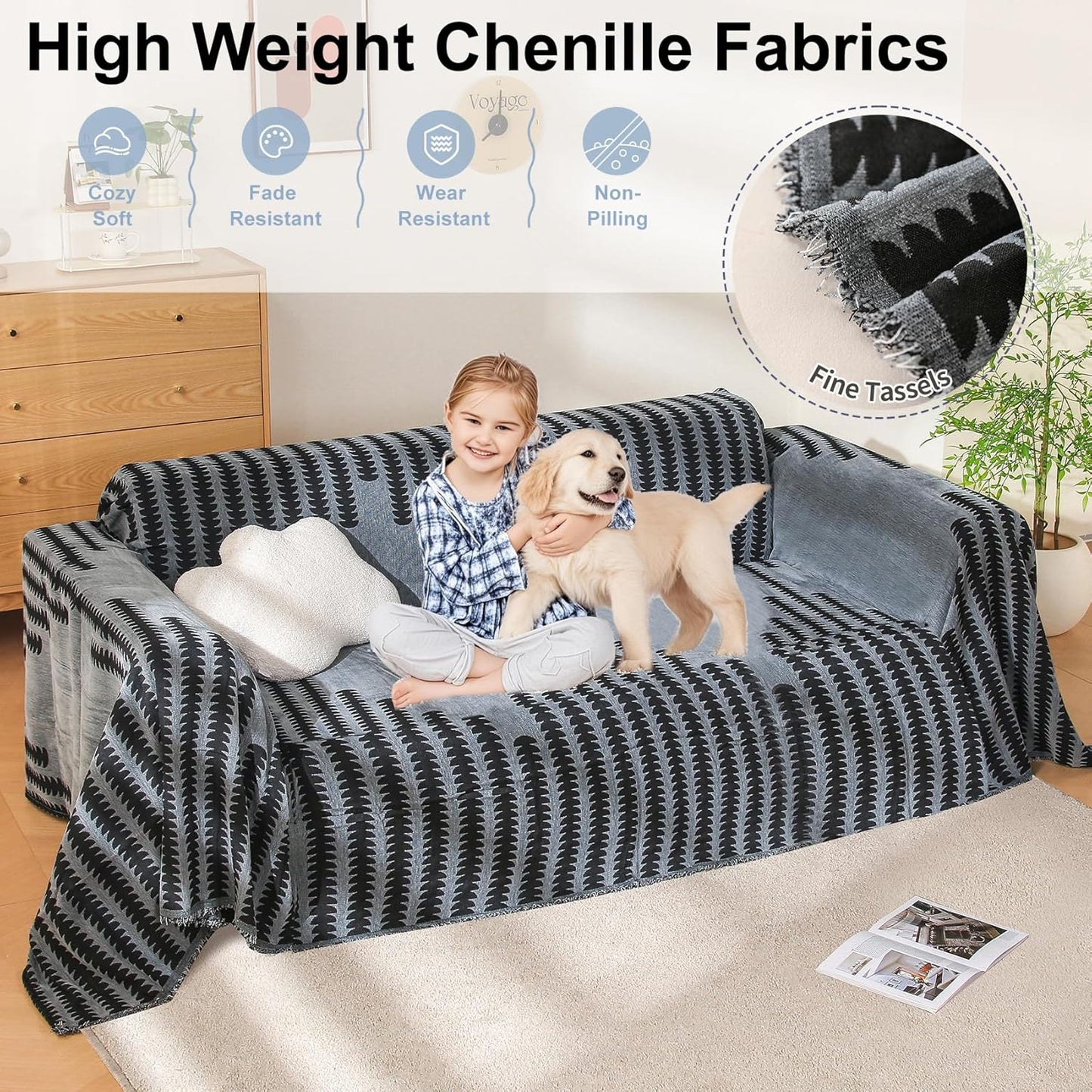 Boho Couch Cover, Sofa Cover, Sofa Covers for 2 Cushion Couch, Washable Sectional Couch Covers for Dogs Pet Furniture Protector Couch Cover Blanket for Living Room (2# Dark Grey, 71" x 118")