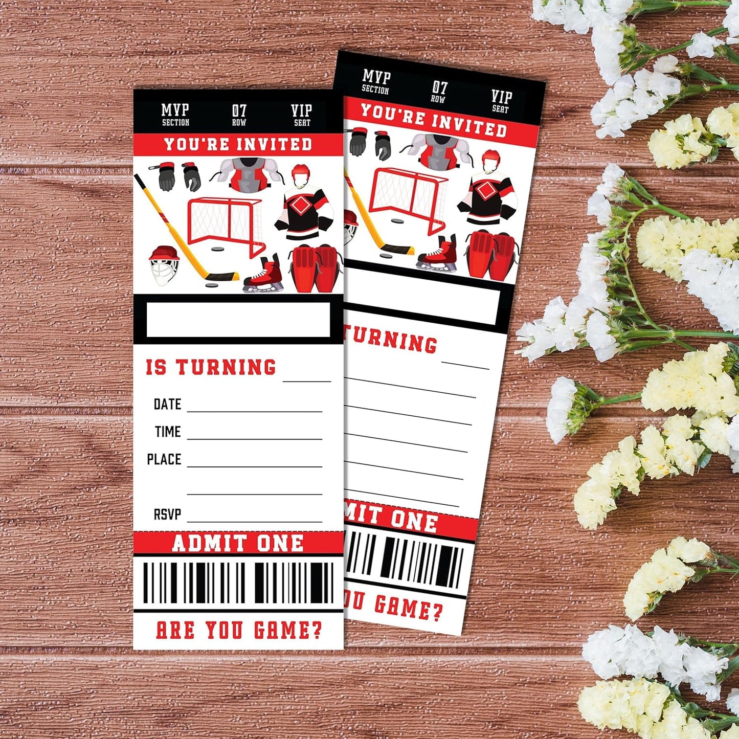 Birthday Cards-20 Ice Hockey Game Ticket Invite Cards-Red and Black Birthday Invitation with Envelopes for Hockey Lovers Boys-Party Favor & Supplies (3×8 inch)-A01