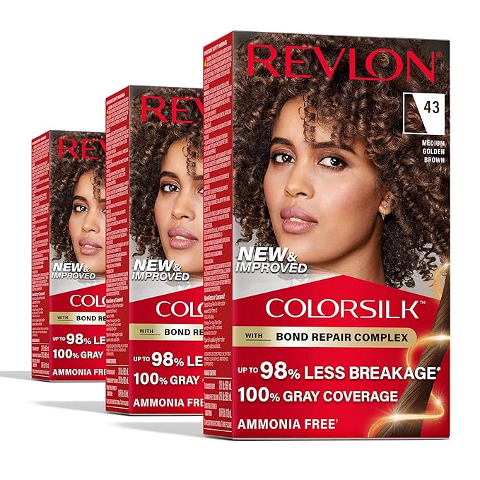 Revlon ColorSilk with Bond Repair Complex, Brown Permanent Hair Color, 100% Gray Coverage, Ammonia Free Hair Dye, Vegan Keratin, 43 Medium Golden Brown (Pack of 3)