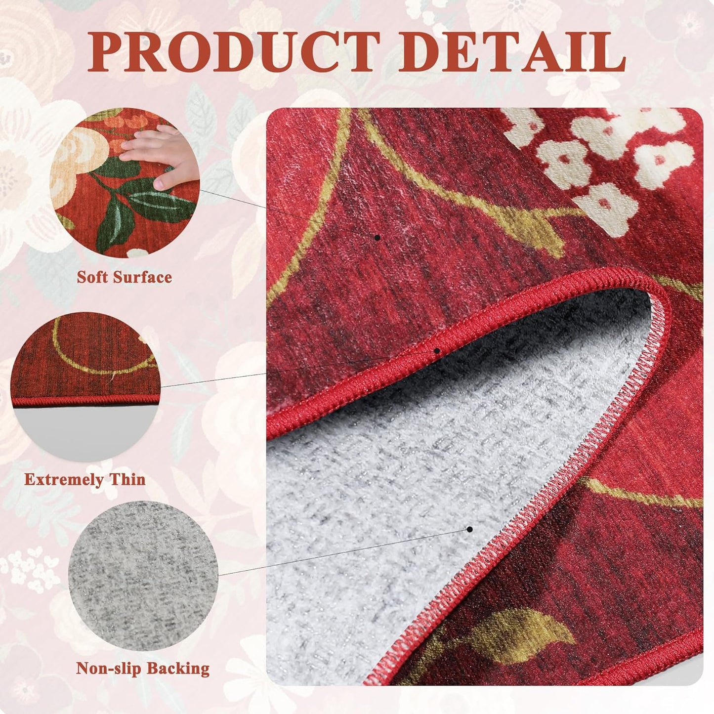 DUKINO 6x9 Area Rug, Floral Rugs for Living Room, Lightweight Non Slip Washable Rug, Indoor Low Pile & Non-Shedding Boho Design Rugs for Bedroom, Living Room, Dining Room, Red