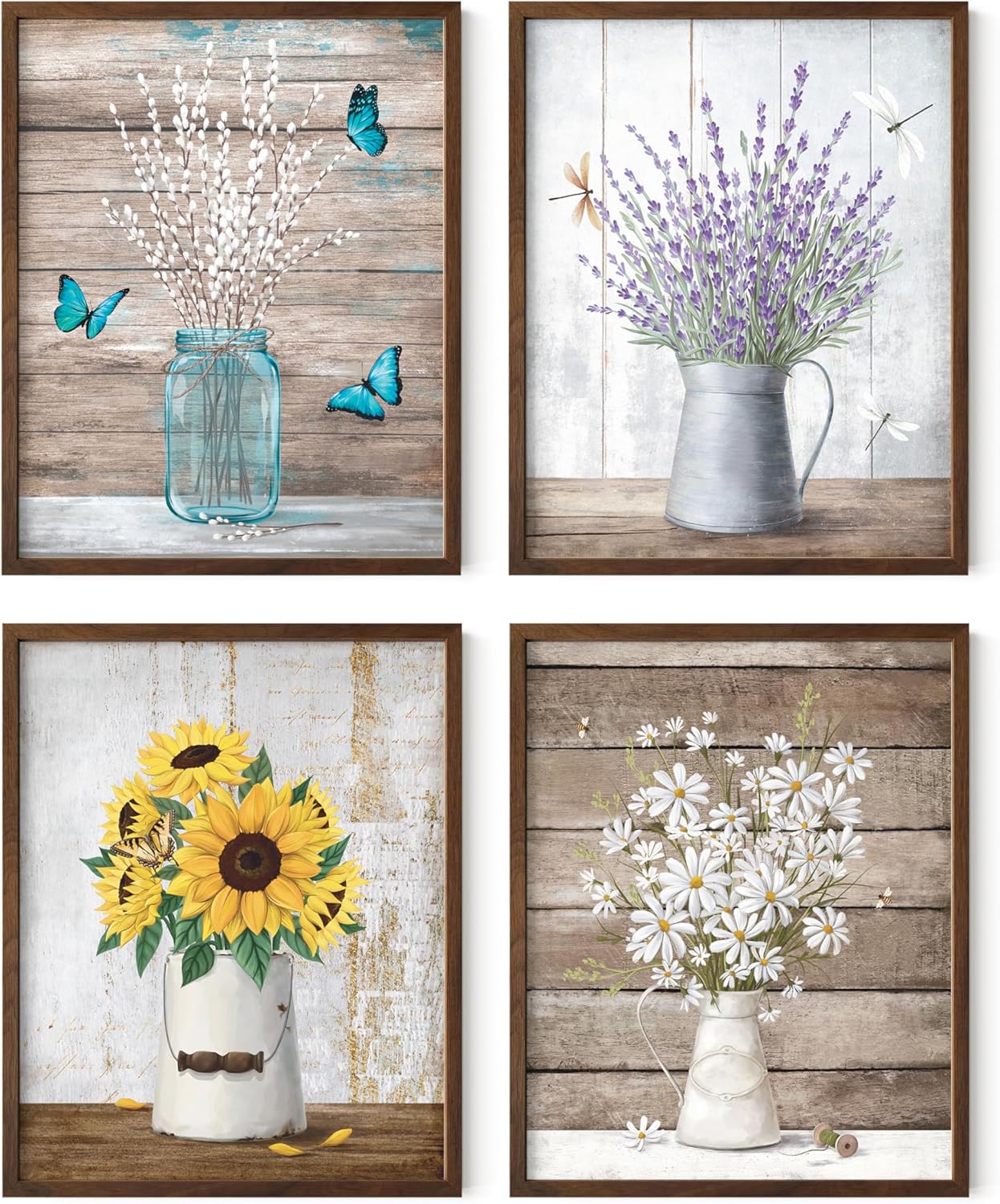 HAUS AND HUES Flower Wall Decor - Set of 4 Framed Floral Art Prints, Botanical Flower Paintings, Elegant Wall Decor for Bedroom or Living Room (Walnut Frame, 11x14)