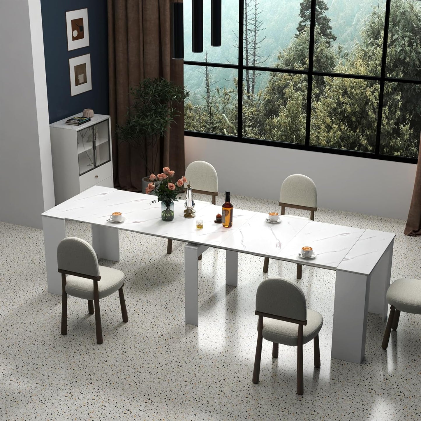 KEIKI 20-118.5"L Extendable Foldable Dining Room Table for 1-10 People, Wood Multifunctional Rectangle Expandable Console Kitchen Living Meeting Room Furniture, 6 Tabletop Length Options, Marble White