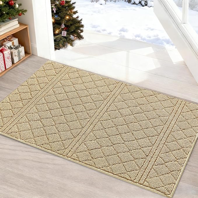REFETONE Indoor Doormat, Front Back Door Mat 24"x36" Absorbent Rubber Backing Non Slip Door Mats, Low-Profile Resist Dirt Entrance Rugs, Machine Washable Door Rug Inside Floor Mat for Entryway, Beige