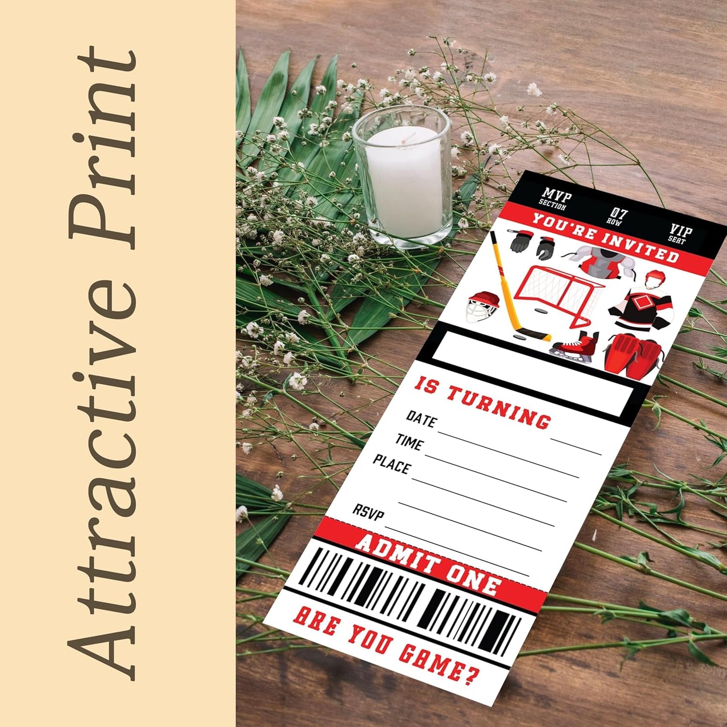 Birthday Cards-20 Ice Hockey Game Ticket Invite Cards-Red and Black Birthday Invitation with Envelopes for Hockey Lovers Boys-Party Favor & Supplies (3×8 inch)-A01