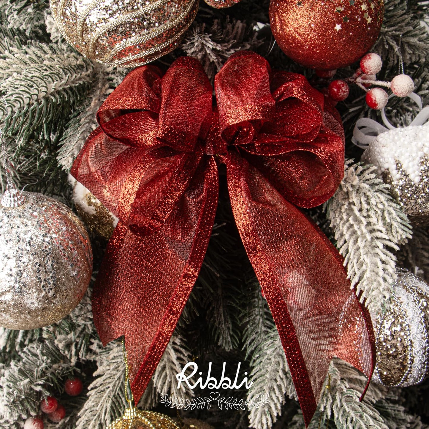 Ribbli Red Christmas Wired Ribbon, Metallic Wired Ribbon with Glitter Edge 2-1/2 Inch x 10 Yard for Christmas Tree Decoration, Gift Wrapping, Wreaths Supplies, Swag, Holiday Decor