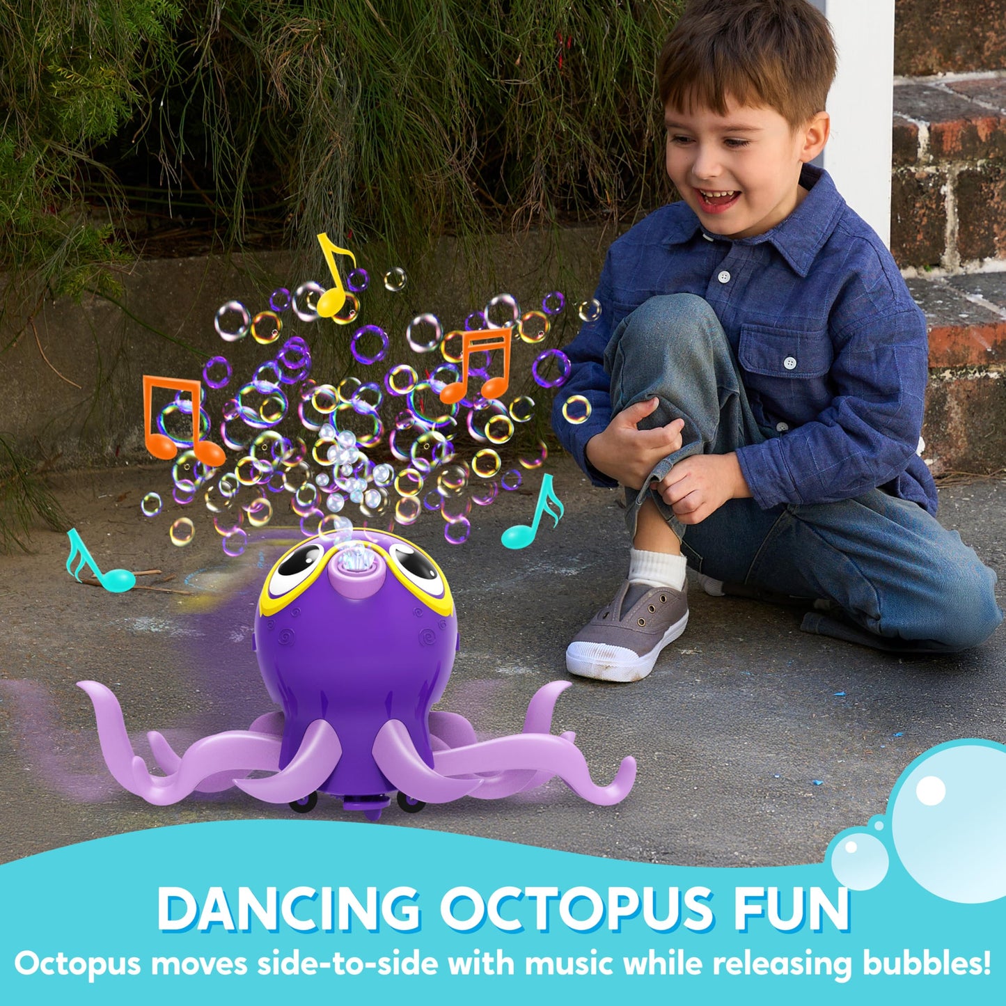 SYNCFUN Dancing Octopus Bubble Machine with Music, 360° Moving & Auto-Avoidance, Cute Bubble Machine Gun Blower with Solution Refills for Kids,Easter,Outdoor, Birthday,Party
