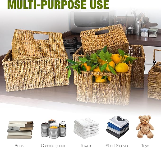 Wicker Basket Set – Stackable Storage Bins for Organizing Pantry & Kitchen – 1 Large Basket + 2 Small Baskets with Handle – Wicker Storage Baskets for Shelves & More