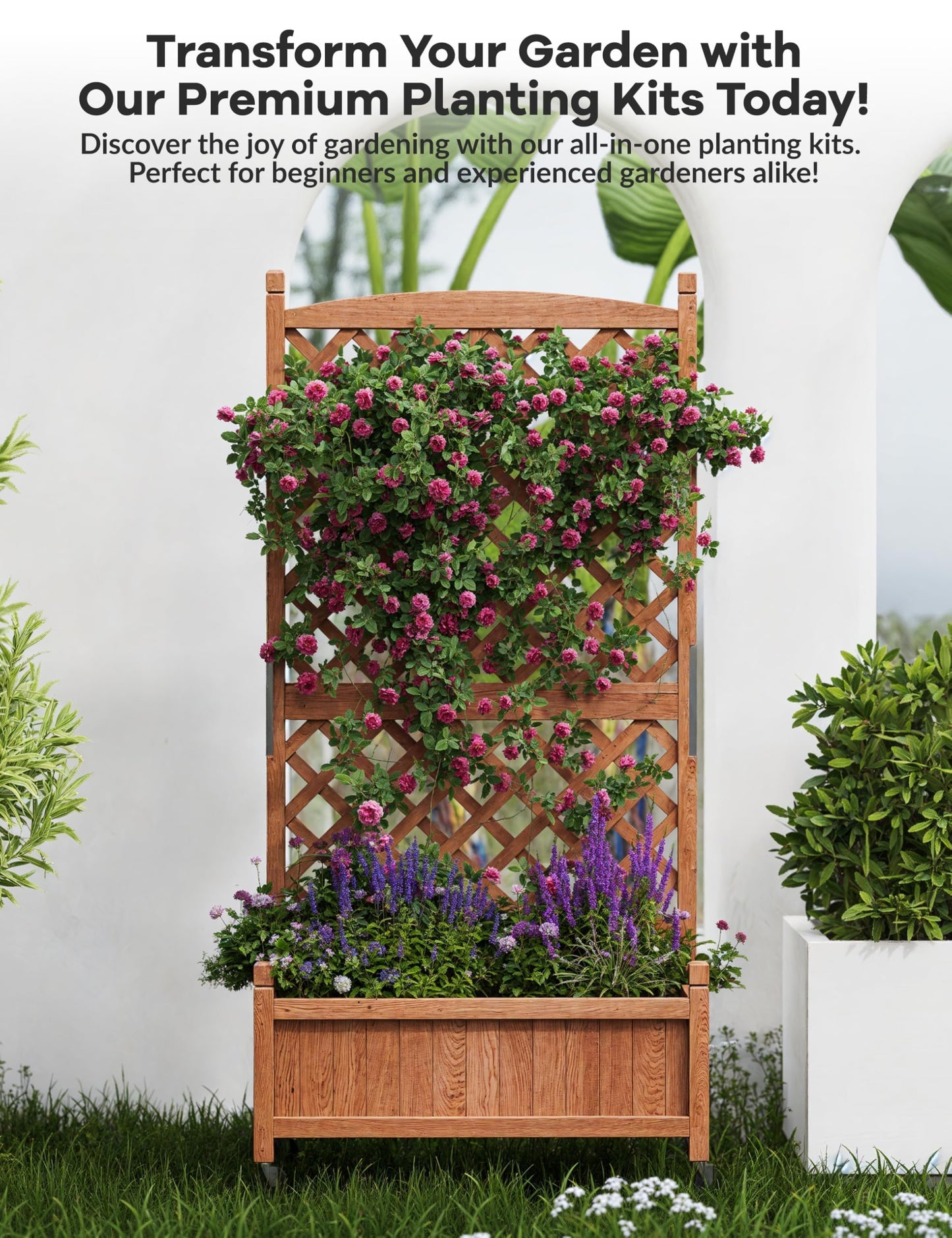 2PCS Raised Garden Bed with Trellis,61.5" Vertical Wooden Garden Bed on Wheels with Drainage Holes,for Plant Flower Climbing Pot Hanging, Indoor & Outdoor Planter Box for Yard, Garden, Balcony