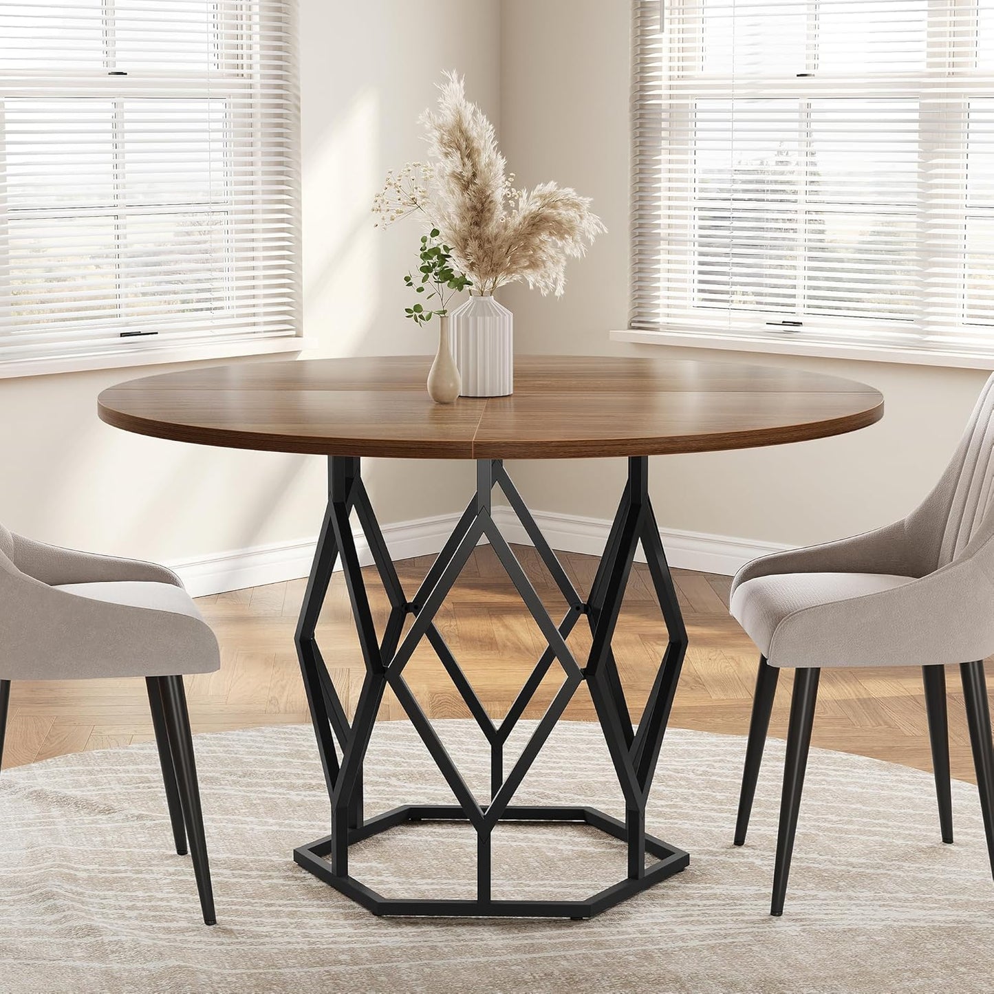 GarveeHome Round Dining Table for 4-6 People, 47 Inch Farmhouse Kitchen Table, Sturdy Metal Base, Industrial Wood Dinning Room Table for Kitchen, Brown