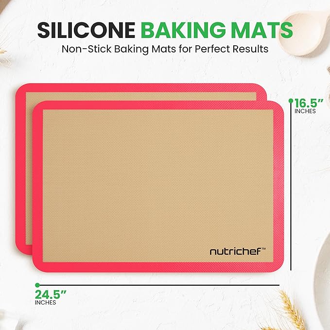 Nutrichef Silicone Baking Mats - 2 Non-stick Food-Grade Silicone Mats - Perfect for Full Baking Pans 24.4 x 16.5 IN - Oven-safe Up to 480 Degrees F - Suitable for Ovens, Freezers, & Dishwashers - Red