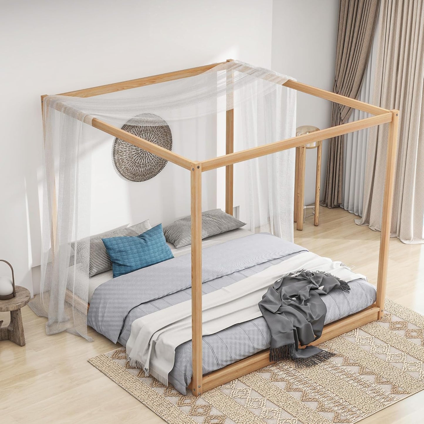 King Size Canopy Platform Bed with Support Legs,Solid Wood Bed Frame,4-Post Canopy-Platform-Bed for Kids Teens Adults, No Box Spring Needed,Natural