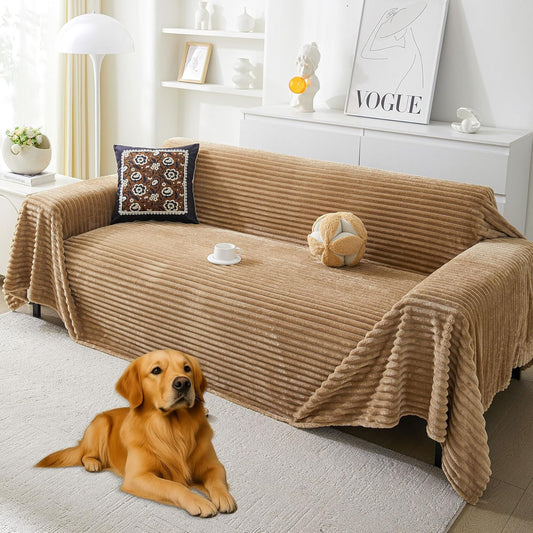 HAOMAIJIA Faux Fur Sofa Covers Couch Covers for 2 Cushion Couch Sofa Pet Friendly Soft Non Slip Couch Cover for Dogs Washable Sectional Couch Covers L Shape Furniture Protector (Khaki, 71"x102")