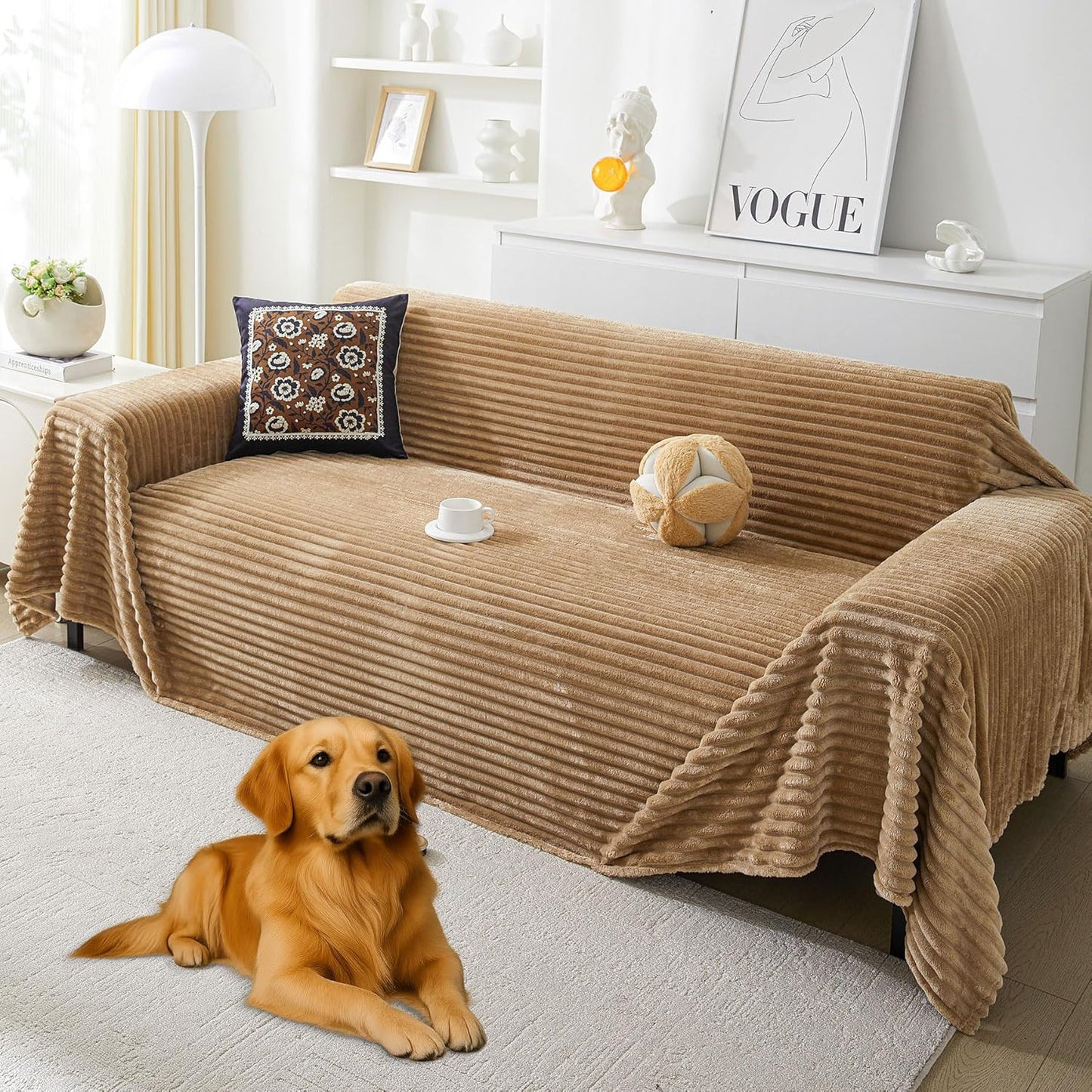 HAOMAIJIA Faux Fur Sofa Covers Couch Covers for 2 Cushion Couch Sofa Pet Friendly Soft Non Slip Couch Cover for Dogs Washable Sectional Couch Covers L Shape Furniture Protector (Khaki, 91"x118")