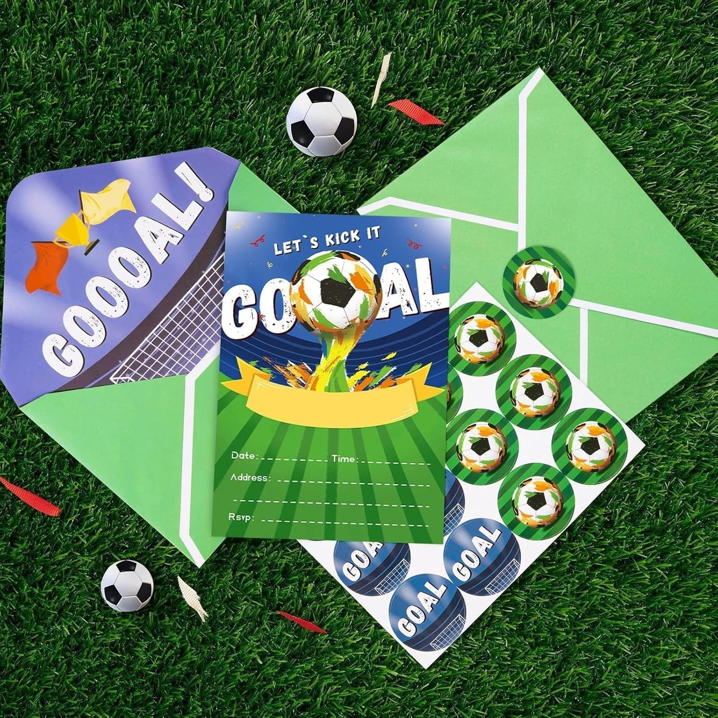 WERNNSAI 24 Set Soccer Birthday Invitations with Envelopes - Soccer Ball Birthday Party Supplies for Kids Boys Football Sport Blank Party Invites Cards with Goal Stickers for Bday Holiday Celebration