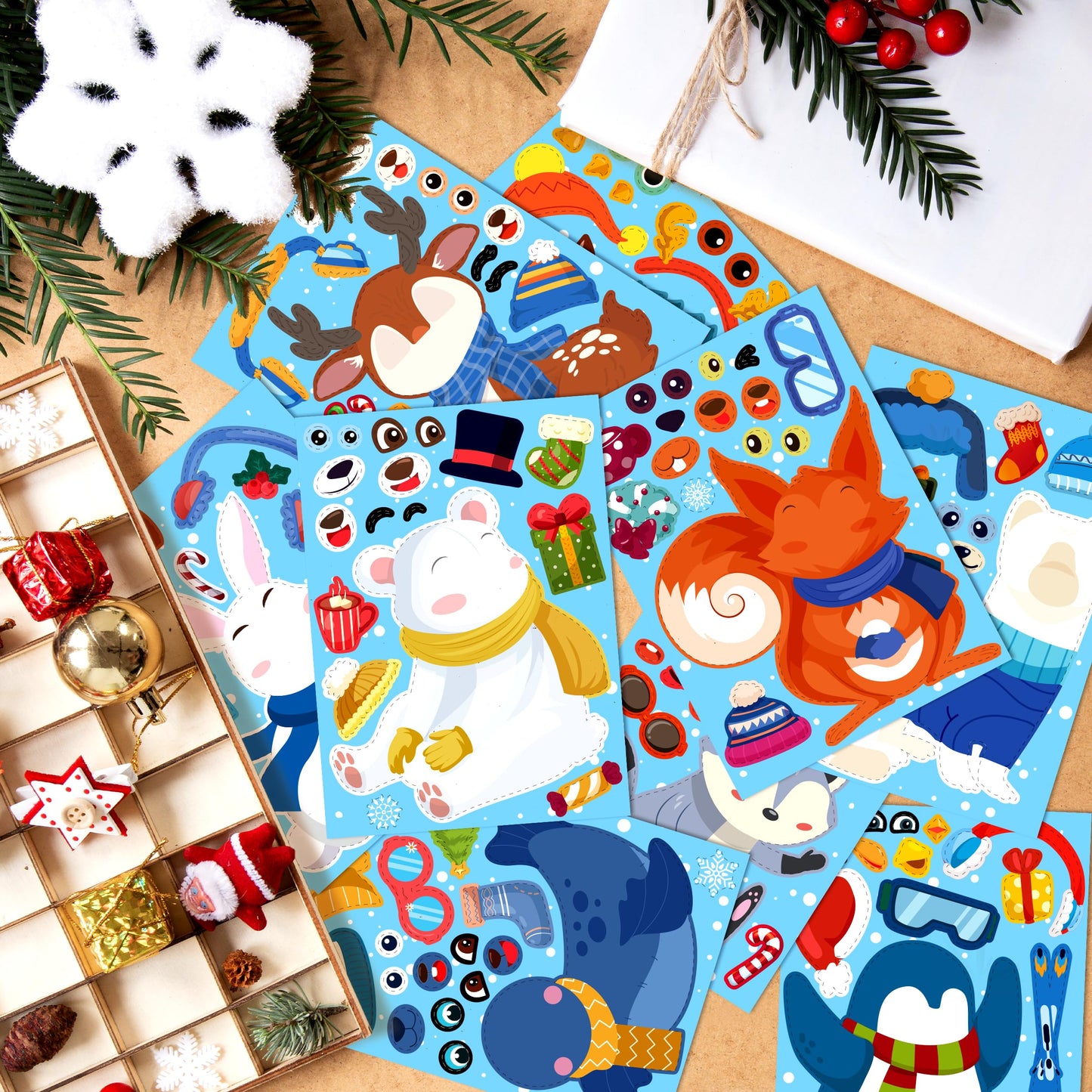 LINAYE 63 Sheets Winter Stickers for Kids Toddlers, Make A Face Winter Animals Crafts Stickers Party Favors Game Activities for Kids Classroom, 9 Designs, Christmas Goodie Treat Bag Stocking Stuffers