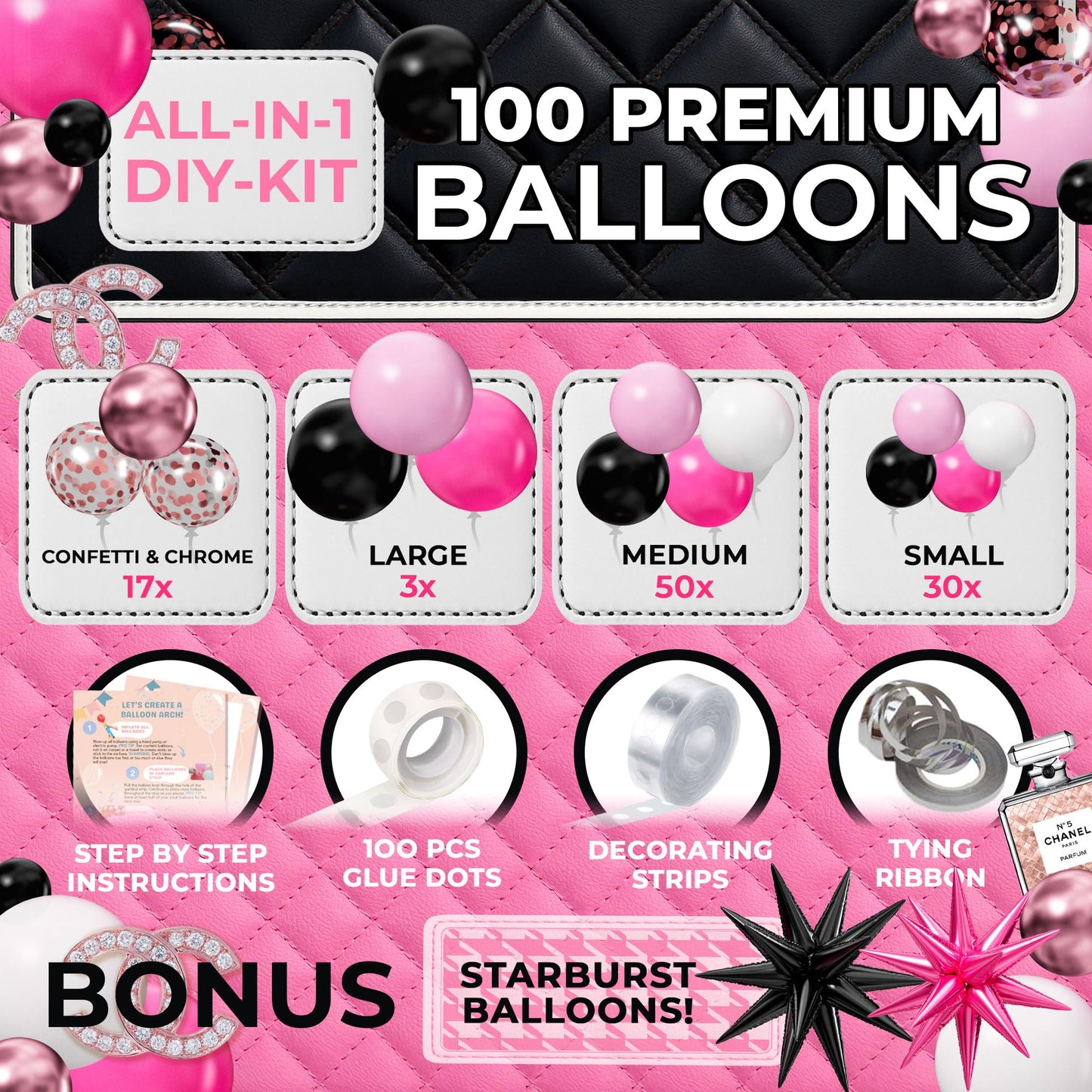 ALL-IN-1 Pink and Black Balloons Arch Kit with BONUS Starburst Balloons – Pink Black and White Balloons for Hot Pink and Black Party Decorations for Birthday and Theme Party Celebrations