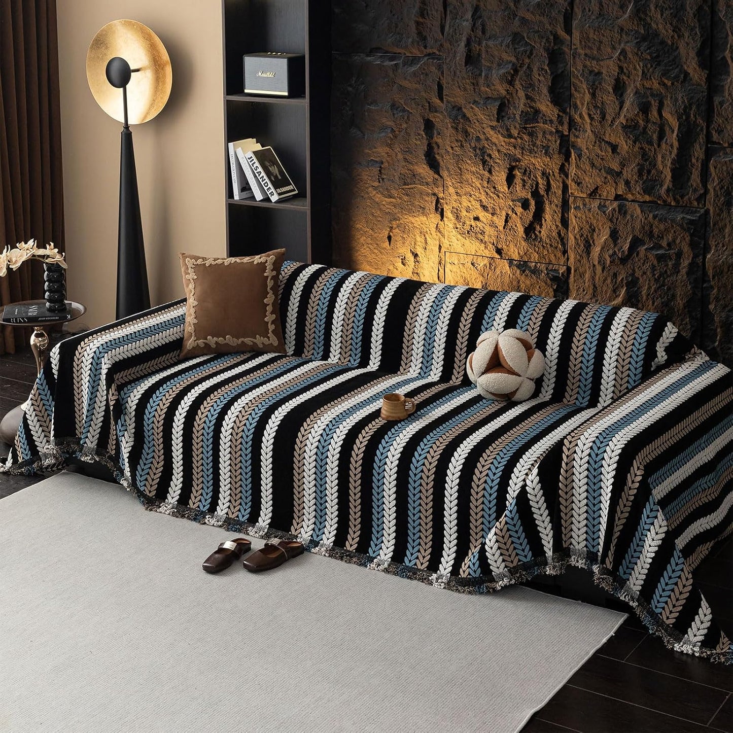 STACYPIK Modern Striped Sofa Cover for Pets, Vintage Jacquard Herringbone Couch Cover for 2 Cushion Couch, Non-Slip L Shaped Couch Cover for Sectional Washable Throw Slipcover for Living Room-71x118IN