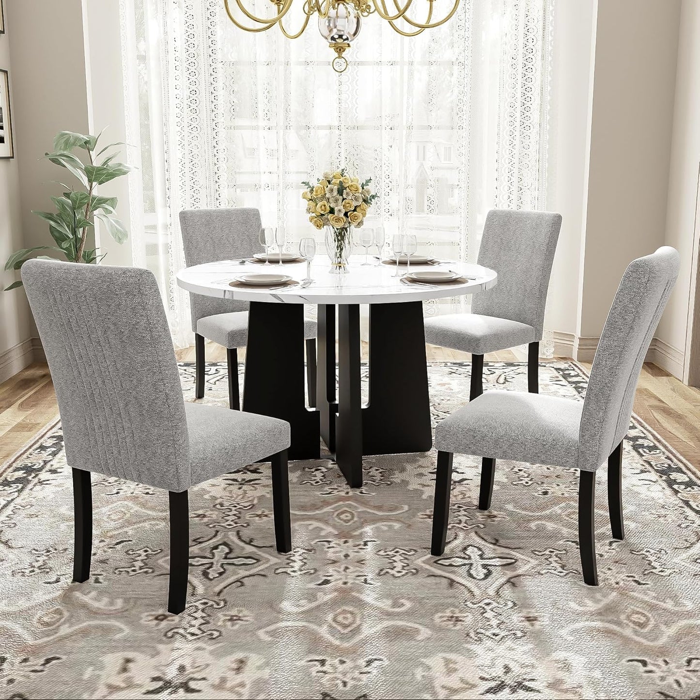 Merax 5-Piece Round Dining Table Set, Modern 4 Upholstered Chairs for Living,Kitchen Room, 43 Inch, White+Gray