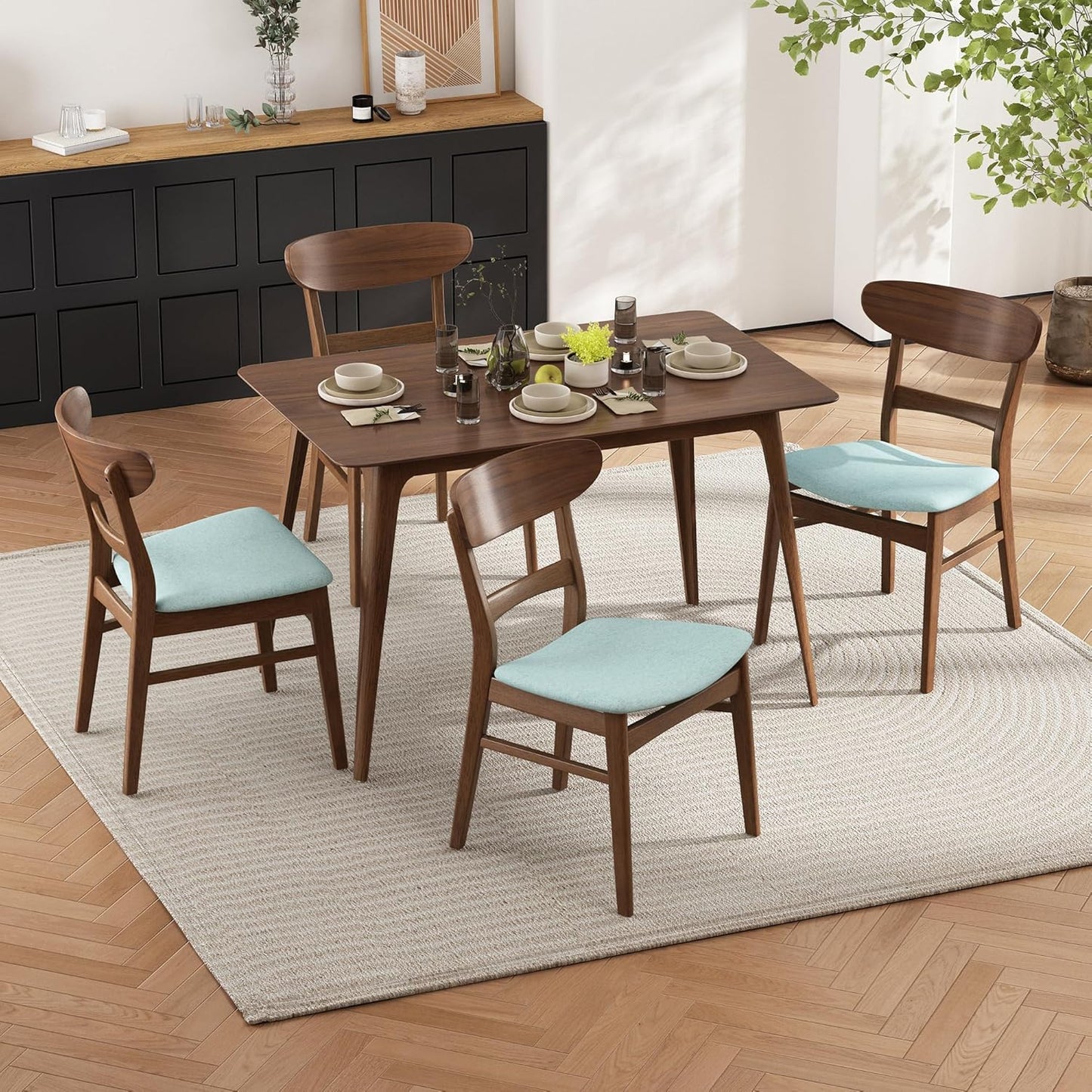 Set of 2 Solid Wood Dining Chairs, Fabric Upholstered Seat Mid-Century Modern Kitchen Furniture for Living Room, Mint+Walnut