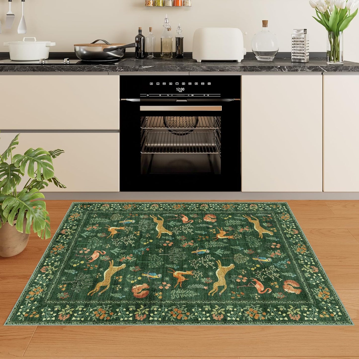 DUKINO 4x6 Rug, Washable Animal Area Rug with Non Slip Vintage Design, Indoor Soft Low Pile Carpet for Bedroom, Nursery, Dining Room, Farmhouse, Playroom, Green
