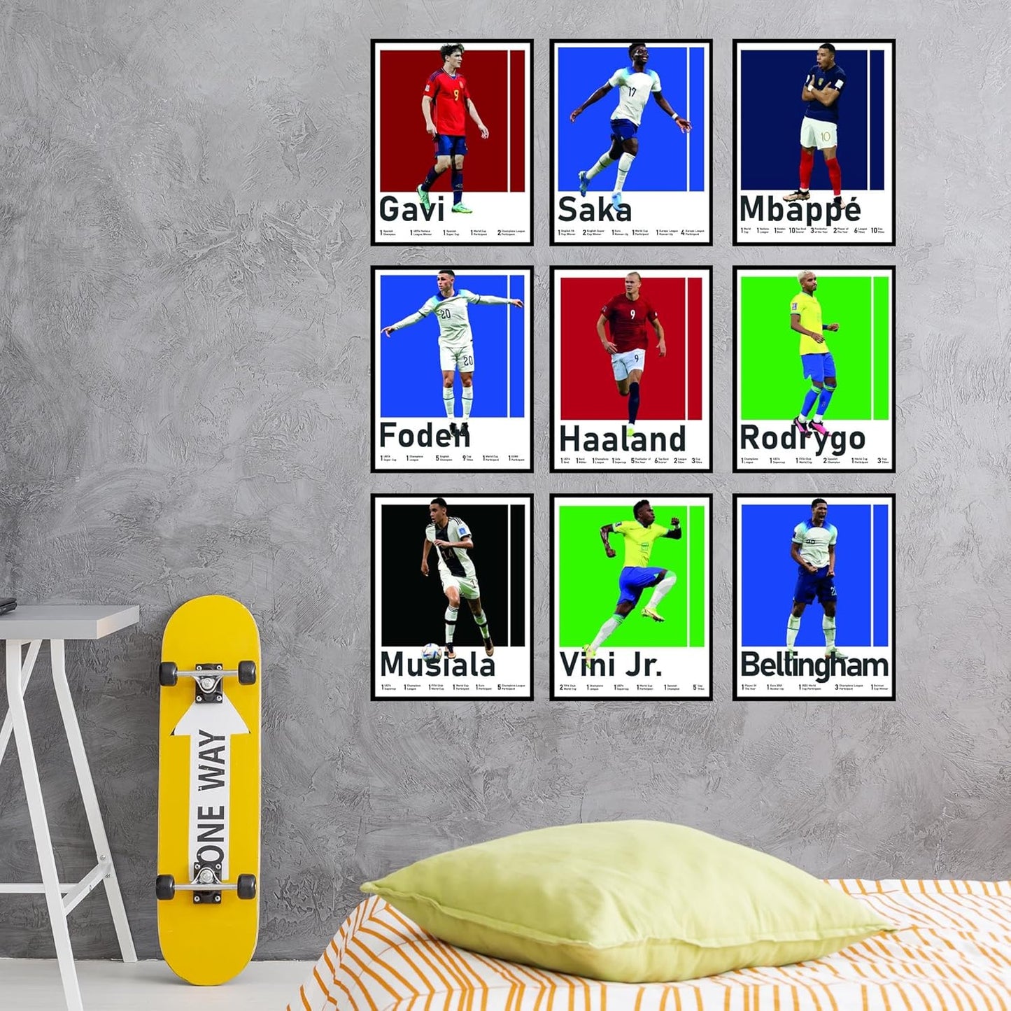 BigWig Prints Soccer Posters for Boys Bedroom - Soccer Player Posters, Erling Haaland Poster, Mbappe, Rodrygo, Gavi, Vini Jr, Saka, Foden, Musiala, Bellingham - Unframed Set of 9 (8x10”)